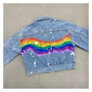 DIY rainbow splatter jean jacket size small